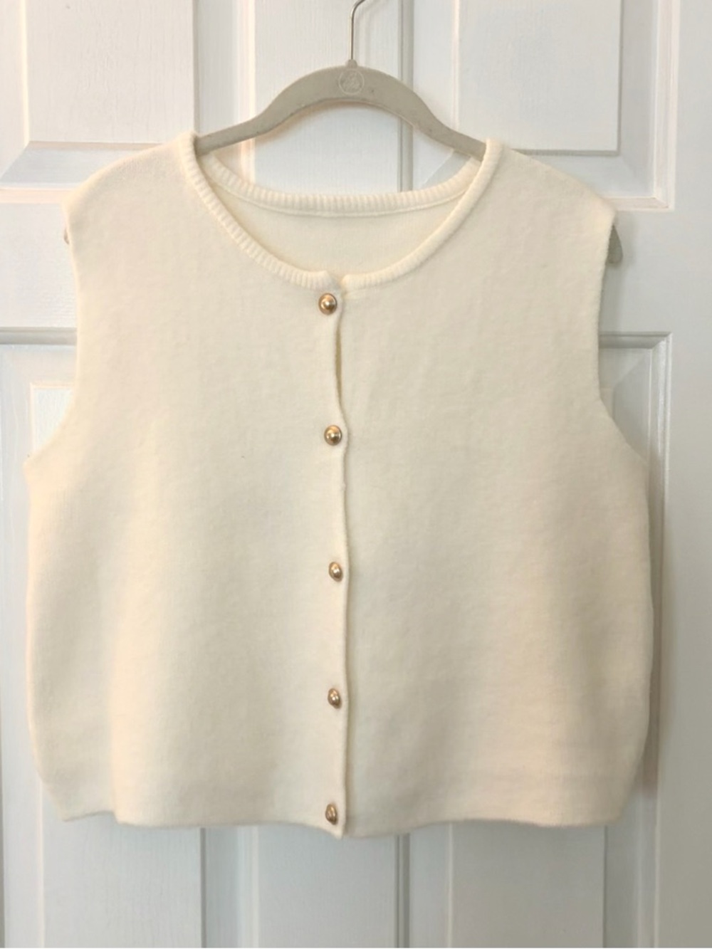 Cream Knit Button-Front Sleeveless Cardigan